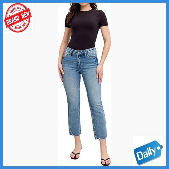 Mid Rise Boot Cut Jeans with Destroyed Hem 26 Inseam Stretch Denim